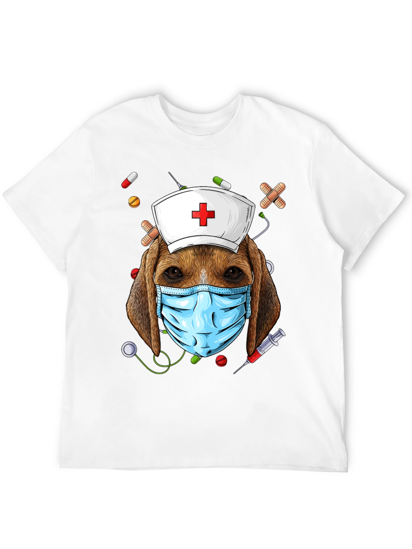 Dog Nurse T-Shirt: Beagle with Mask and Nurse Hat