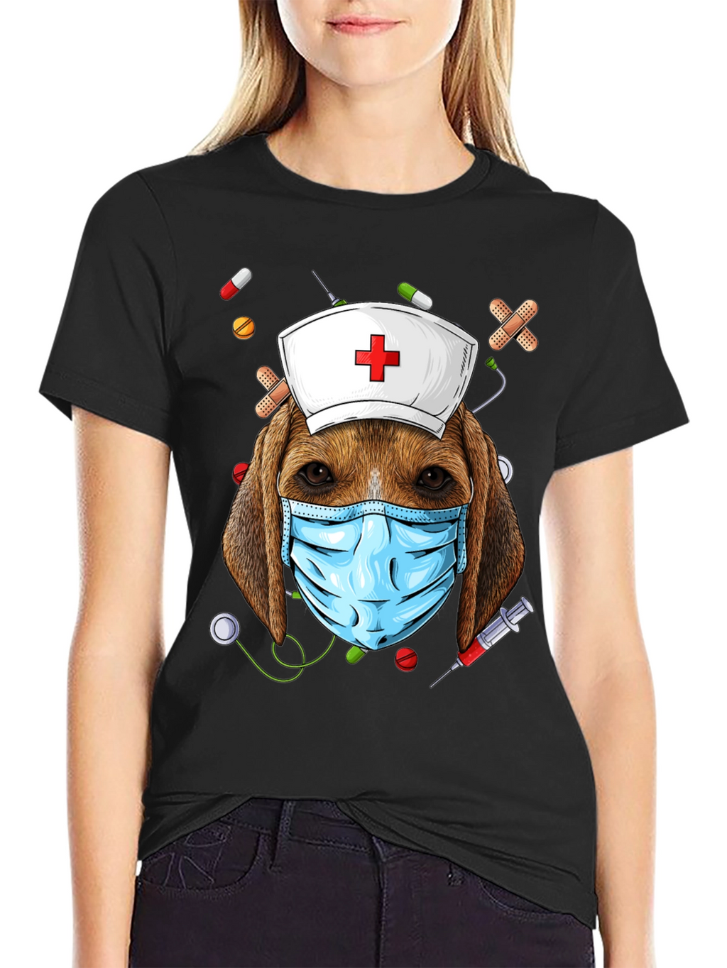 Dog Nurse T-Shirt: Beagle with Mask and Nurse Hat