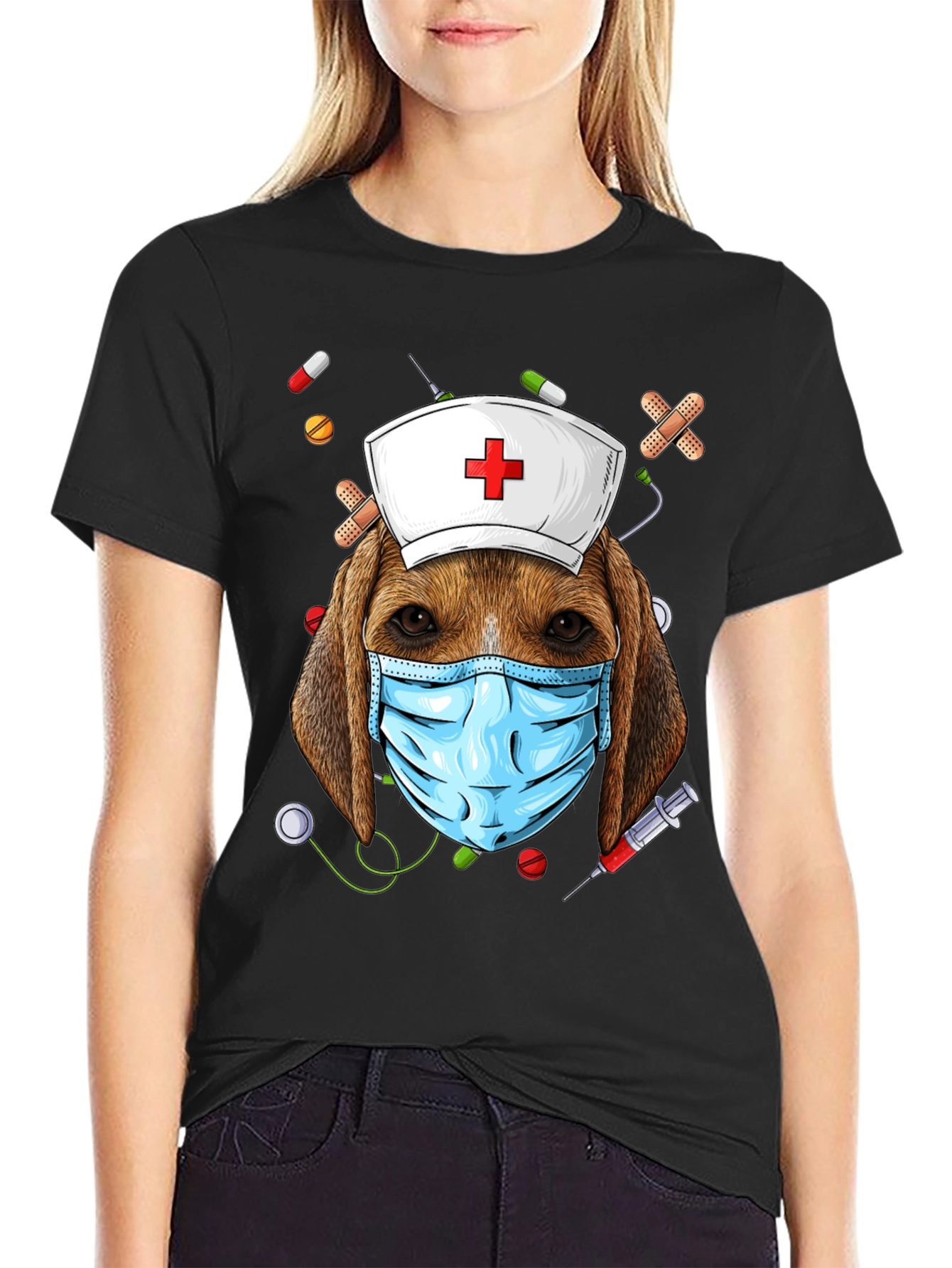 Dog Nurse T-Shirt: Beagle with Mask and Nurse Hat