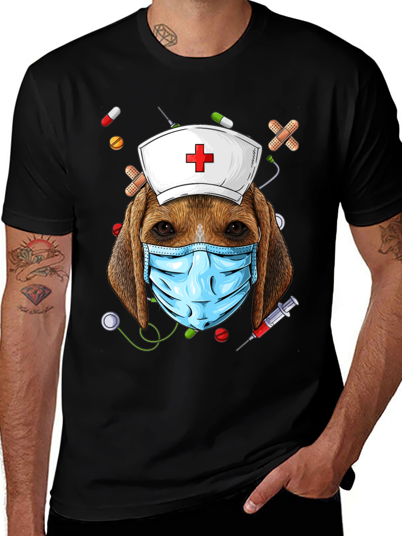 Dog Nurse T-Shirt: Beagle with Mask and Nurse Hat