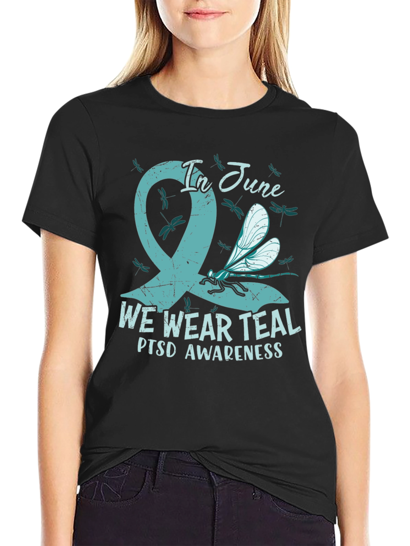 PTSD Awareness T-Shirt - In June We Wear Teal Ribbon Dragonfly Tee