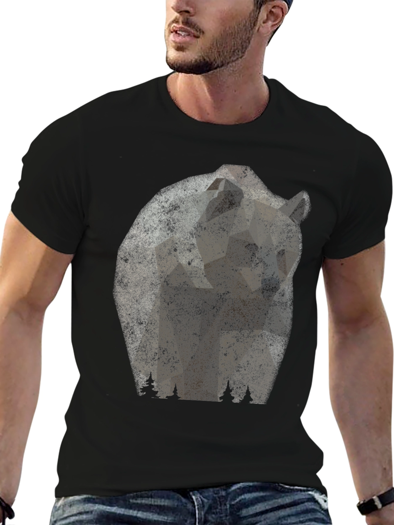 Bear Graphic Print Mens Black T-Shirt