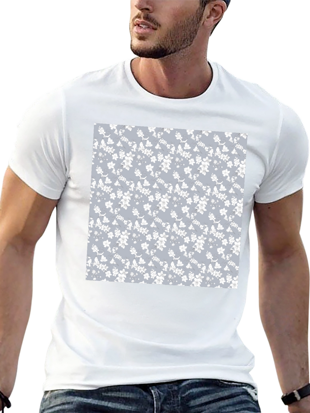 Floral Pattern T-Shirt - Black Cotton Blend