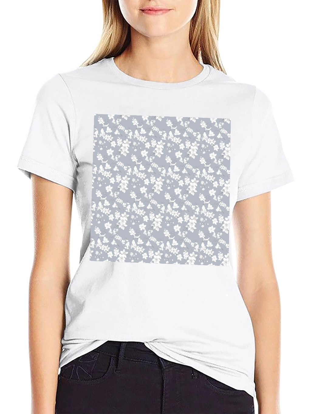 Floral Pattern T-Shirt - Black Cotton Blend