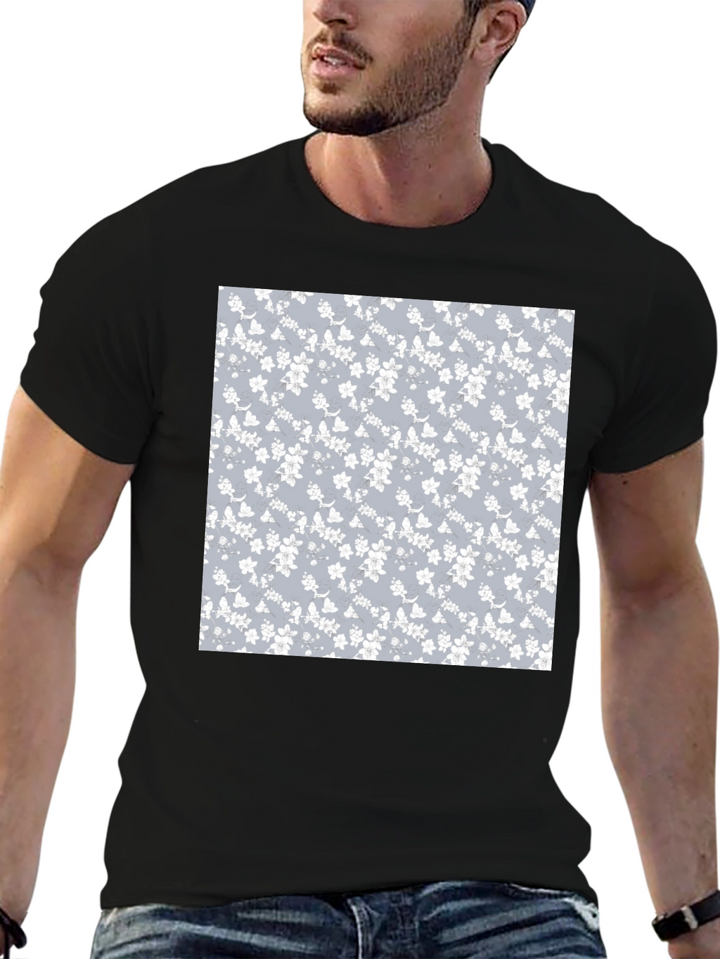 Floral Pattern T-Shirt - Black Cotton Blend