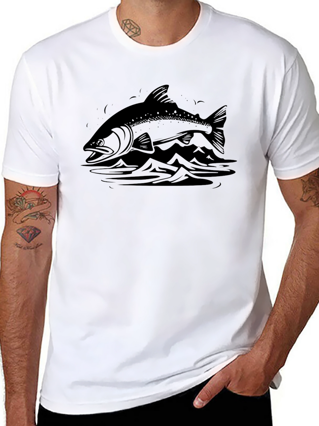 Mens Black T-shirt with Fish and Mountain Graphic