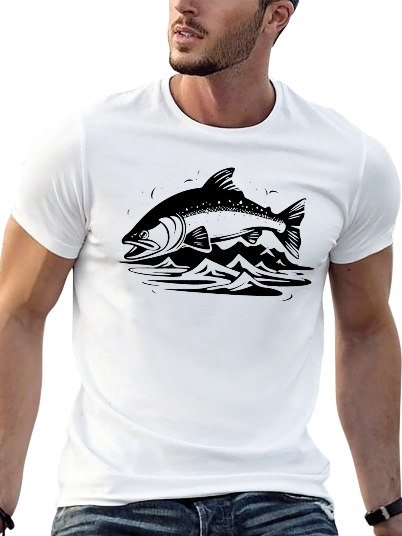 Mens Black T-shirt with Fish and Mountain Graphic