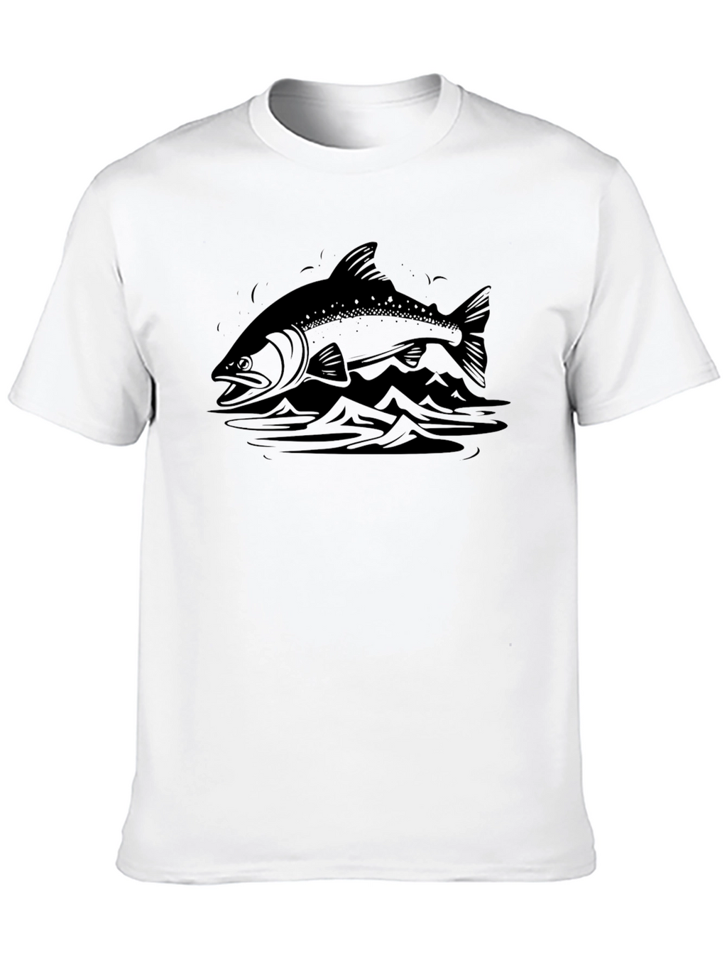 Mens Black T-shirt with Fish and Mountain Graphic