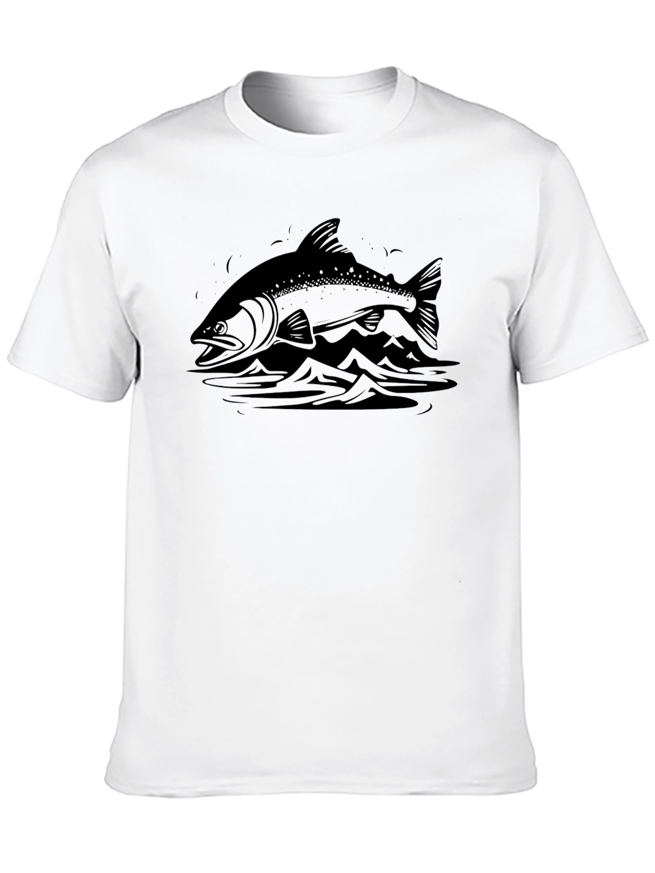Mens Black T-shirt with Fish and Mountain Graphic