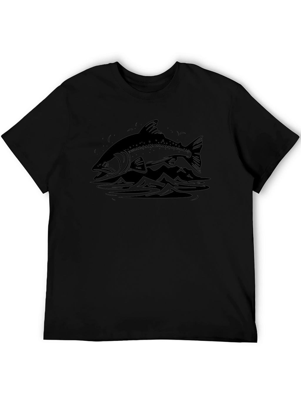 Mens Black T-shirt with Fish and Mountain Graphic