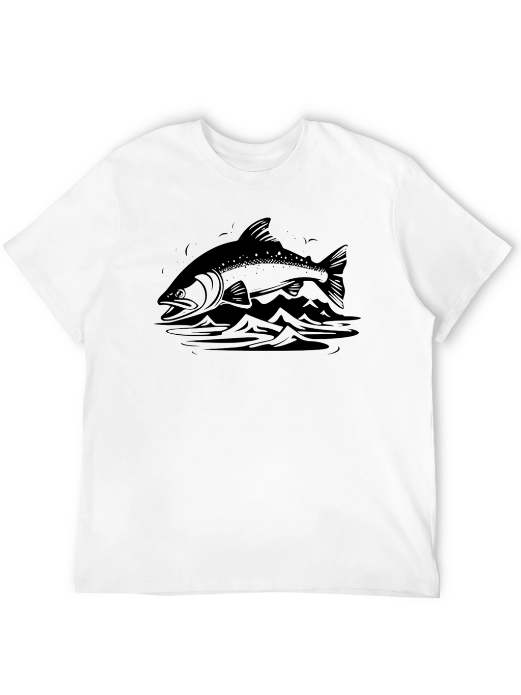 Mens Black T-shirt with Fish and Mountain Graphic