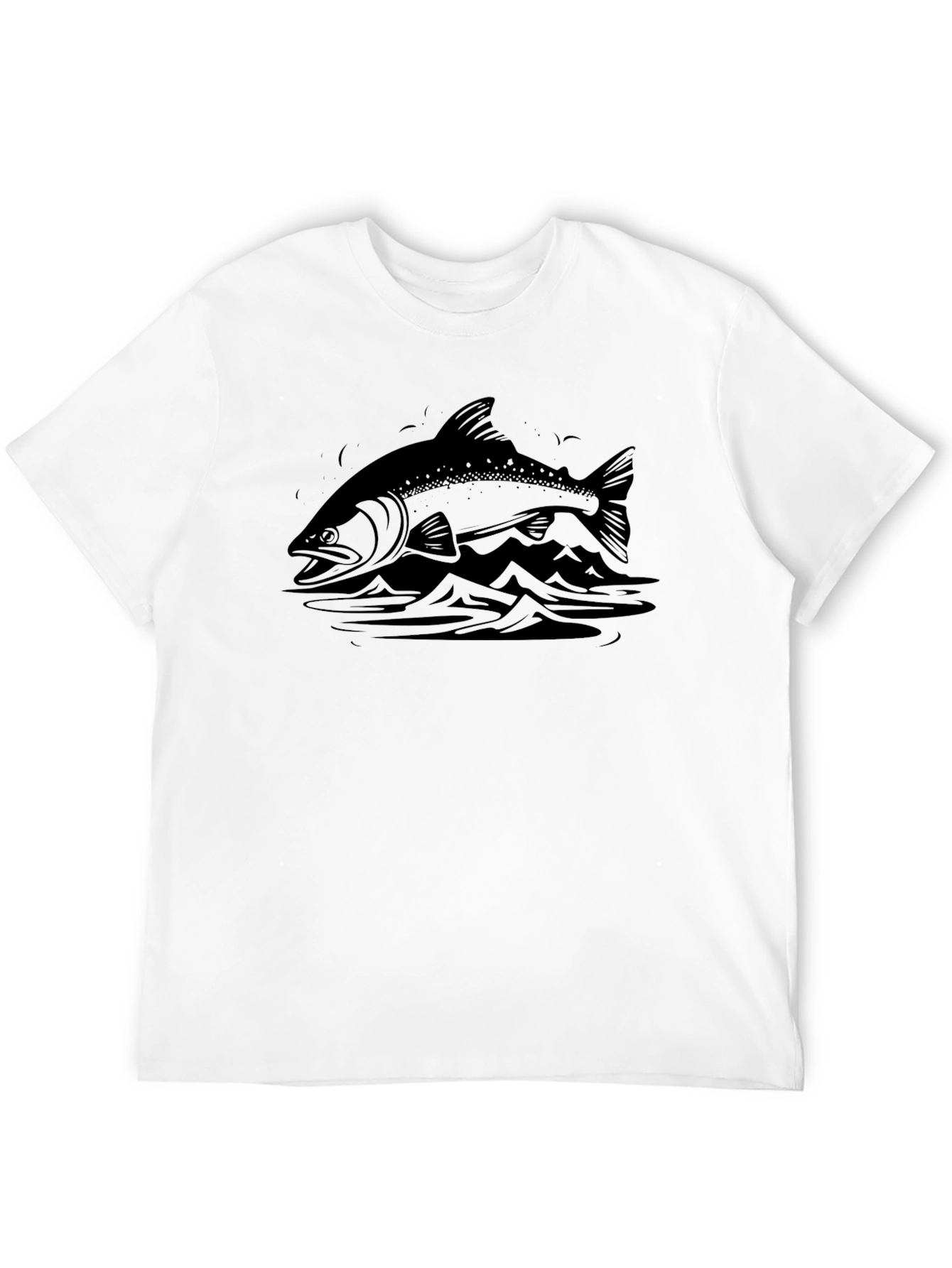 Mens Black T-shirt with Fish and Mountain Graphic