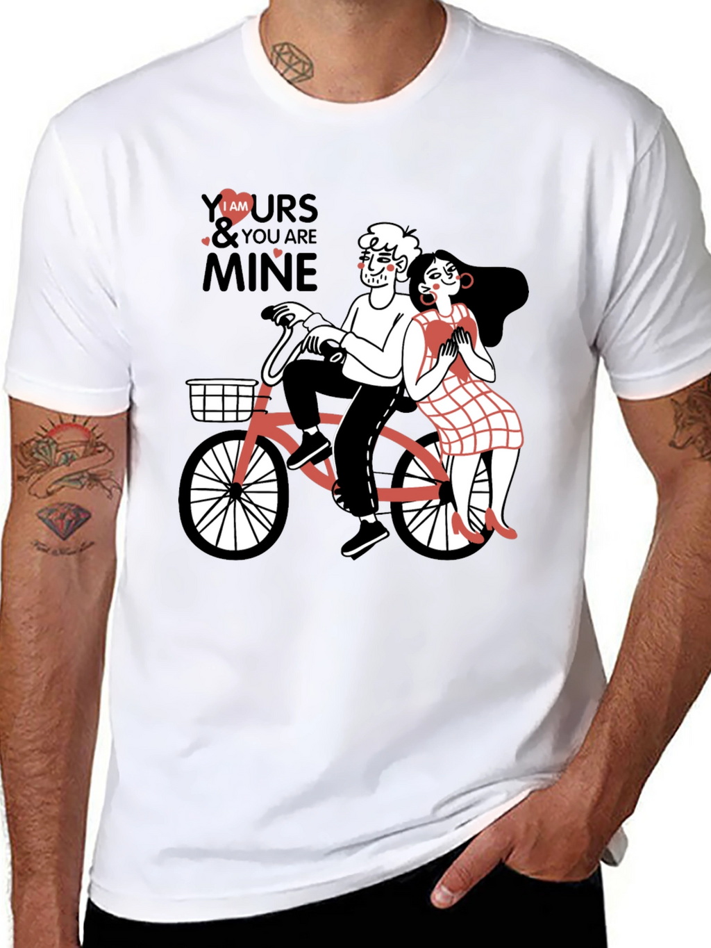 Cute Couple Bicycle Graphic Black T-Shirt