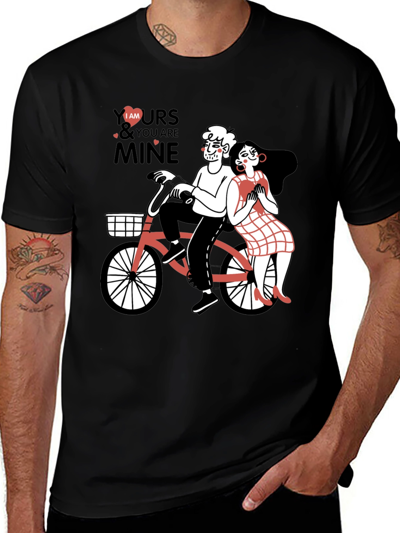Cute Couple Bicycle Graphic Black T-Shirt