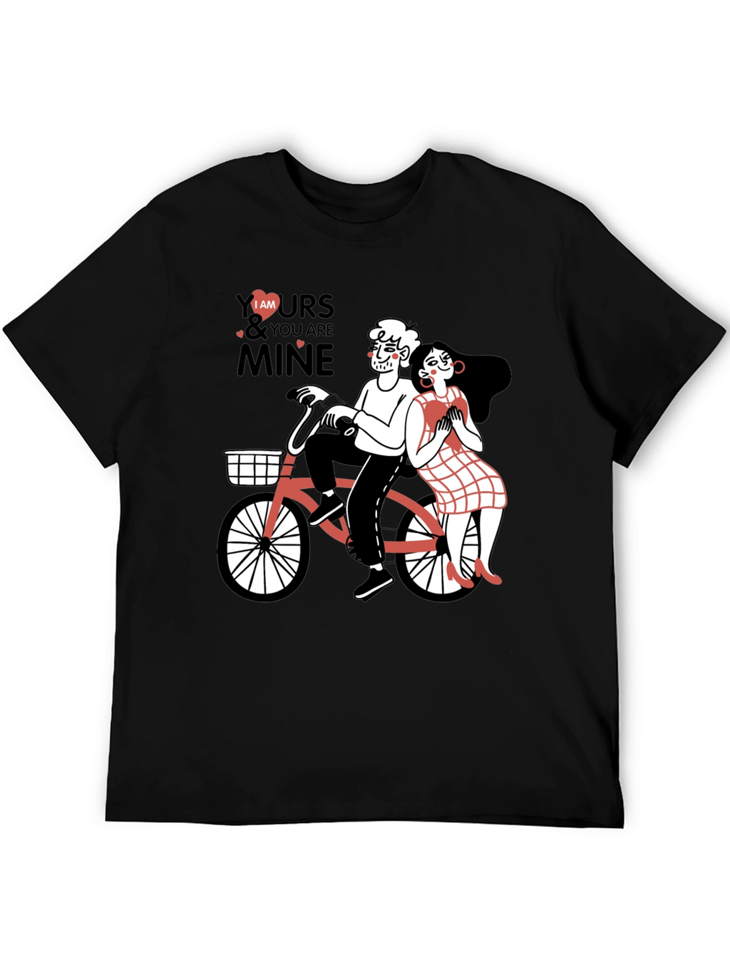 Cute Couple Bicycle Graphic Black T-Shirt