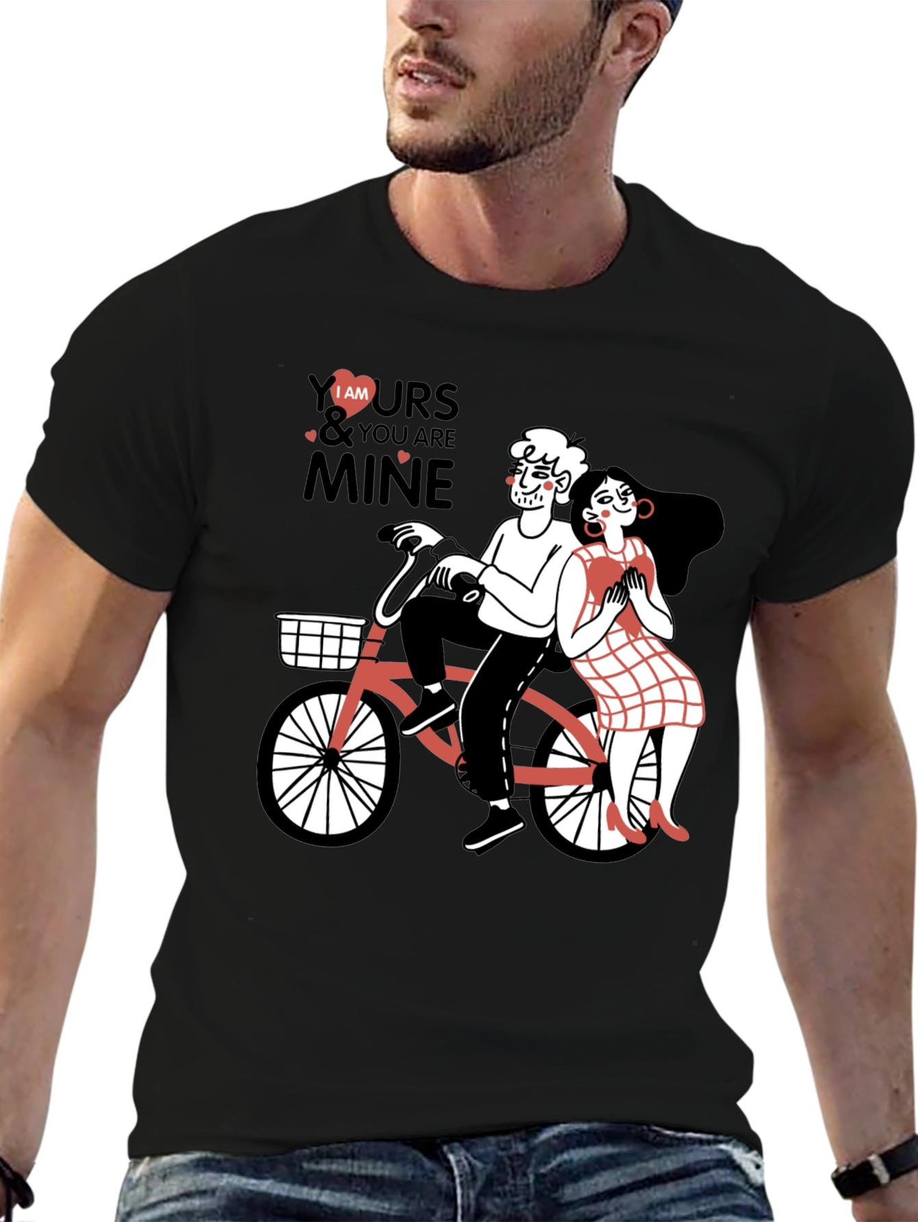 Cute Couple Bicycle Graphic Black T-Shirt