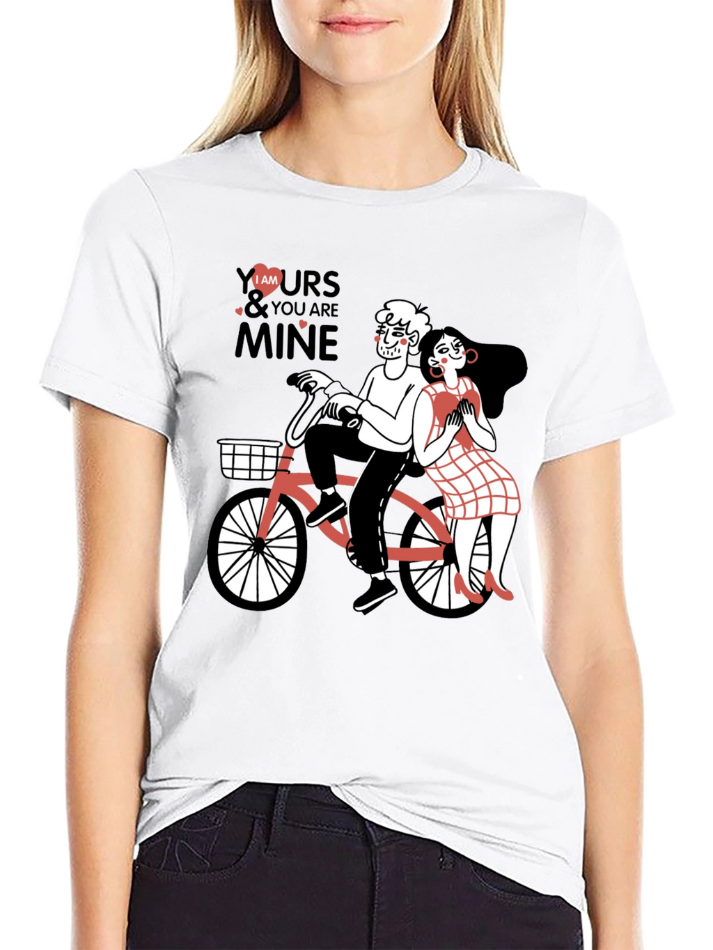 Cute Couple Bicycle Graphic Black T-Shirt