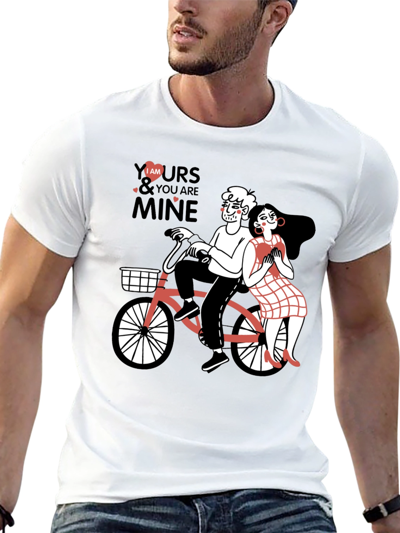 Cute Couple Bicycle Graphic Black T-Shirt