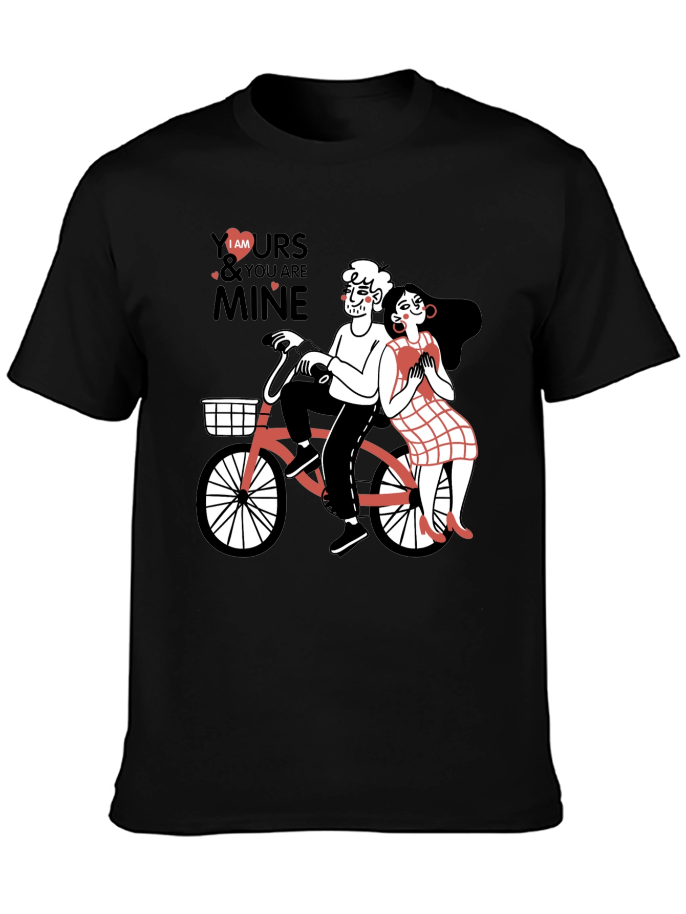 Cute Couple Bicycle Graphic Black T-Shirt
