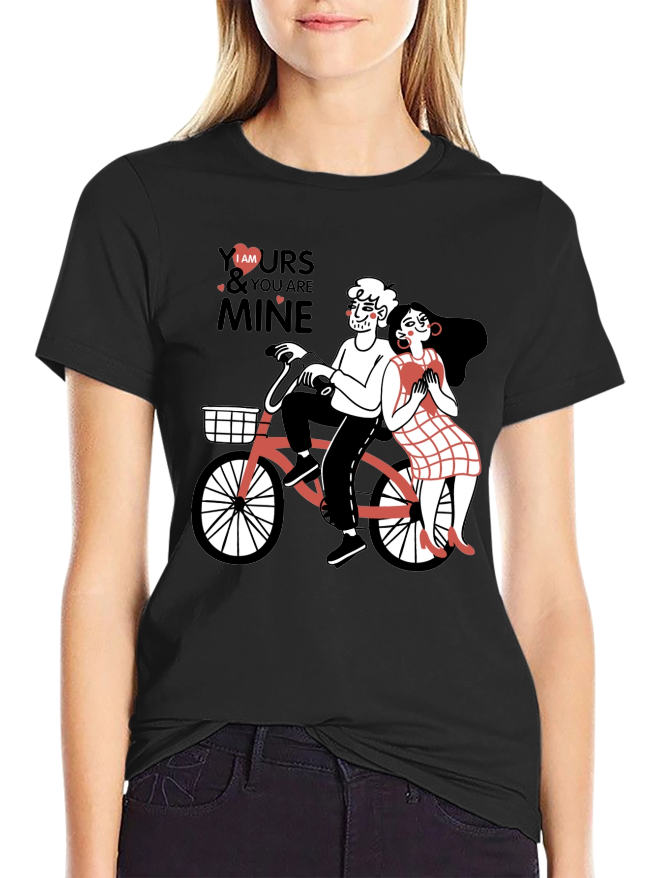 Cute Couple Bicycle Graphic Black T-Shirt