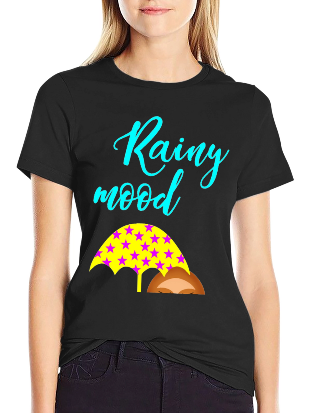 Rainy Mood Black T-Shirt with Umbrella Design