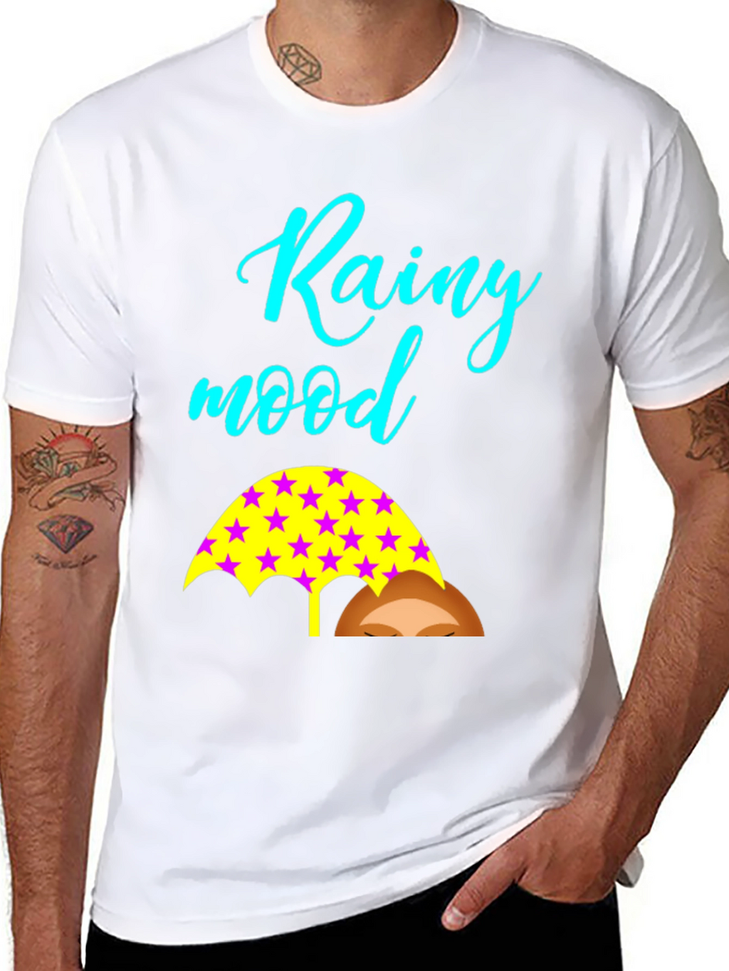Rainy Mood Black T-Shirt with Umbrella Design