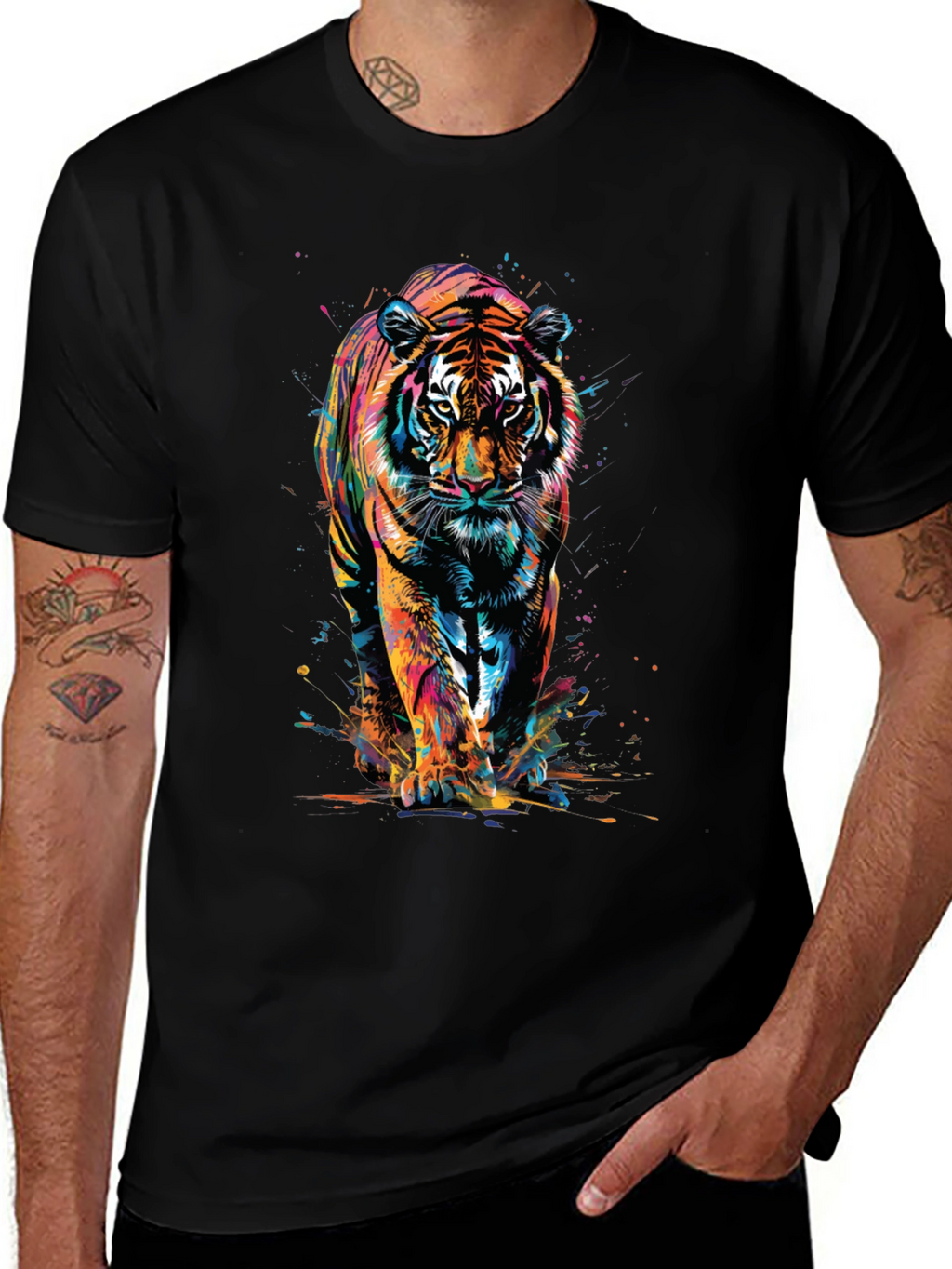 Vibrant Tiger Graphic Print Black T-Shirt