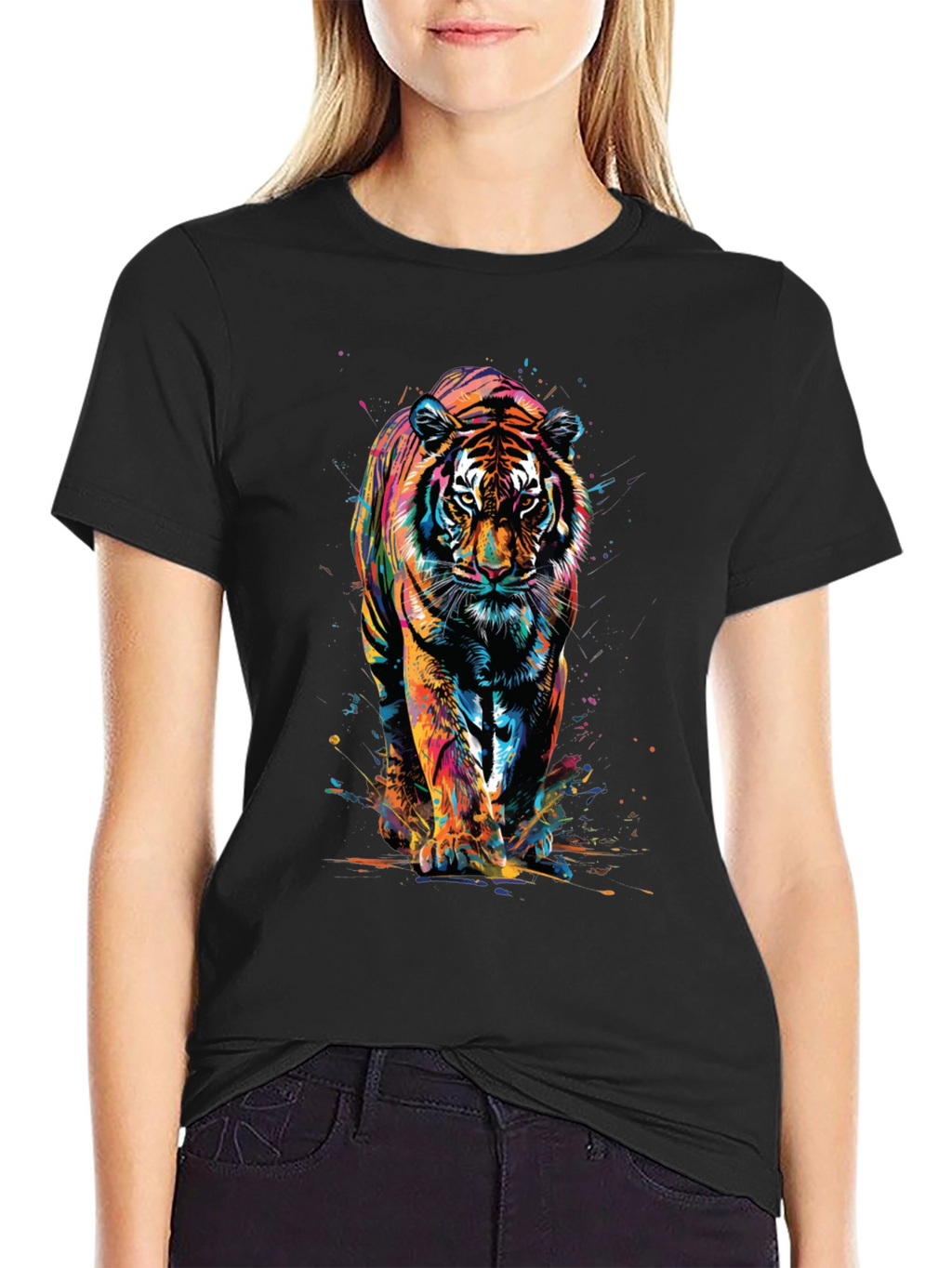 Vibrant Tiger Graphic Print Black T-Shirt