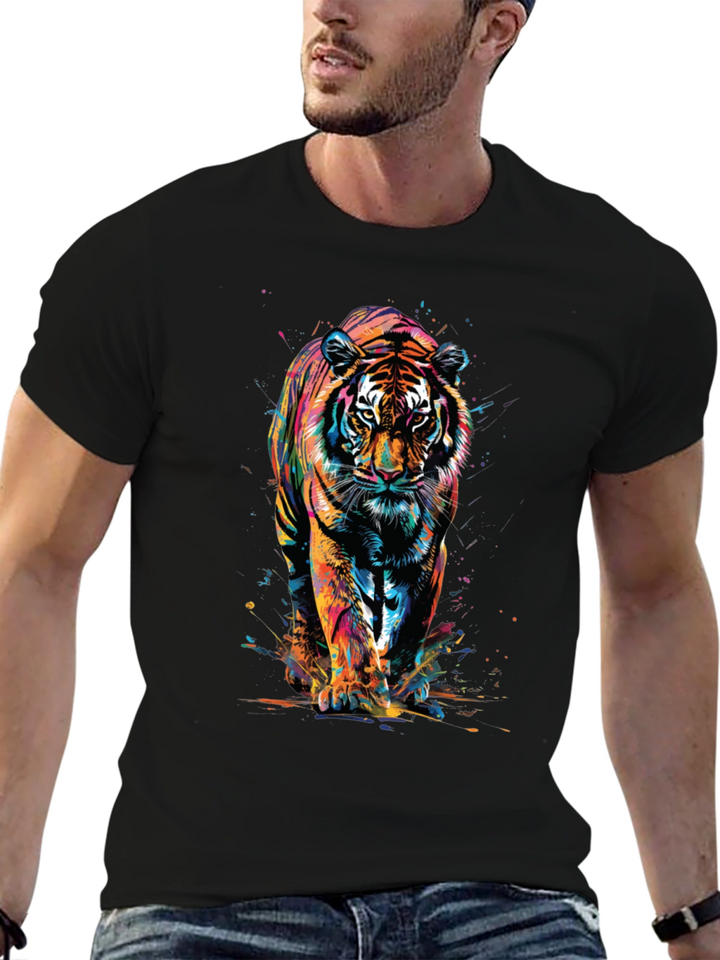 Vibrant Tiger Graphic Print Black T-Shirt