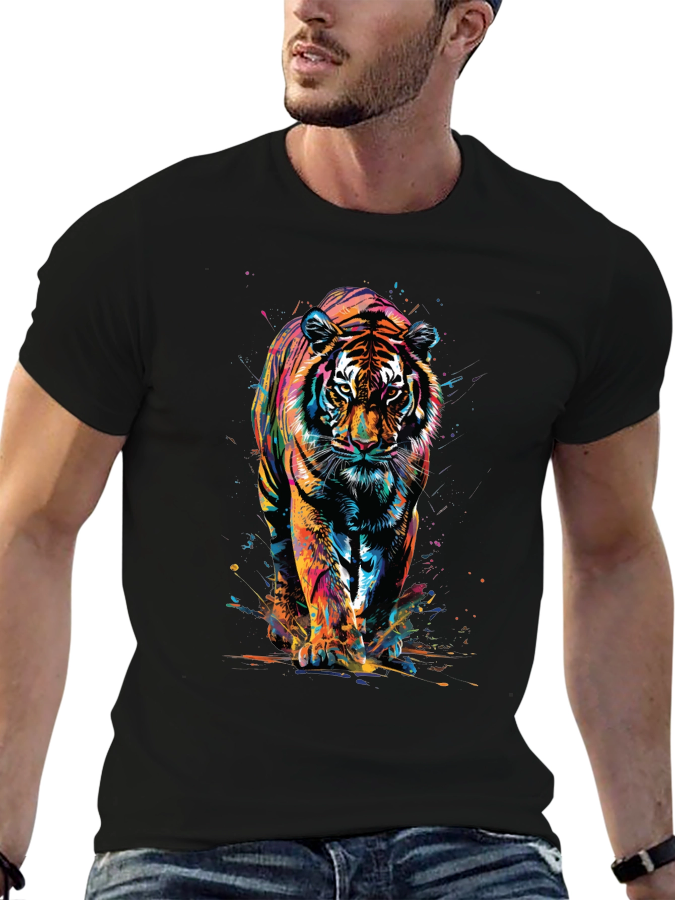 Vibrant Tiger Graphic Print Black T-Shirt