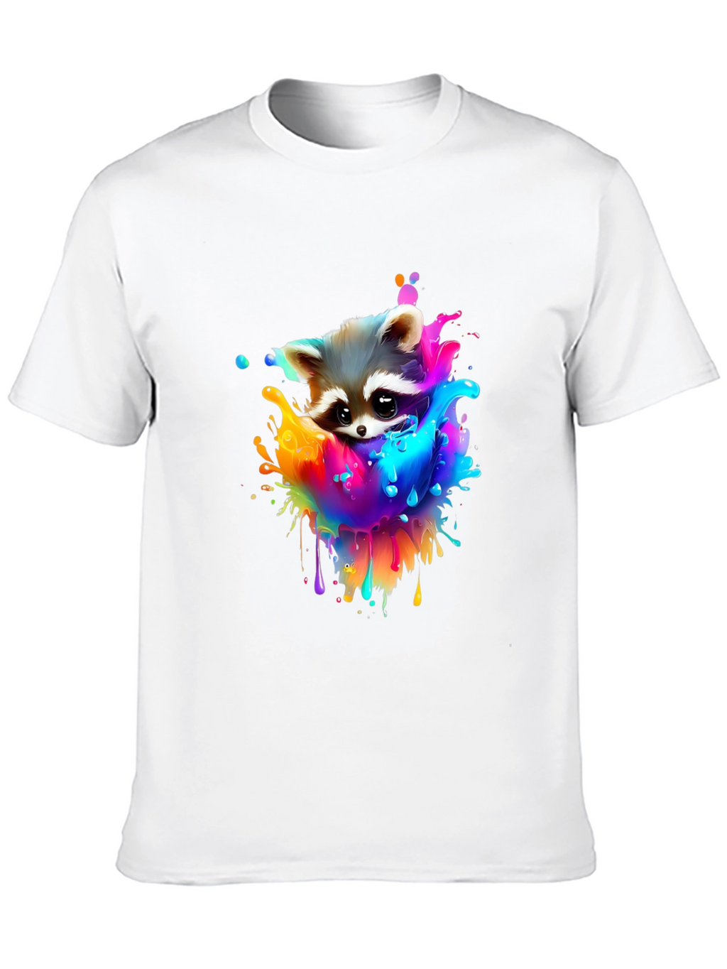 Raccoon Rainbow Splash Graphic Tee - Black Cotton T-Shirt