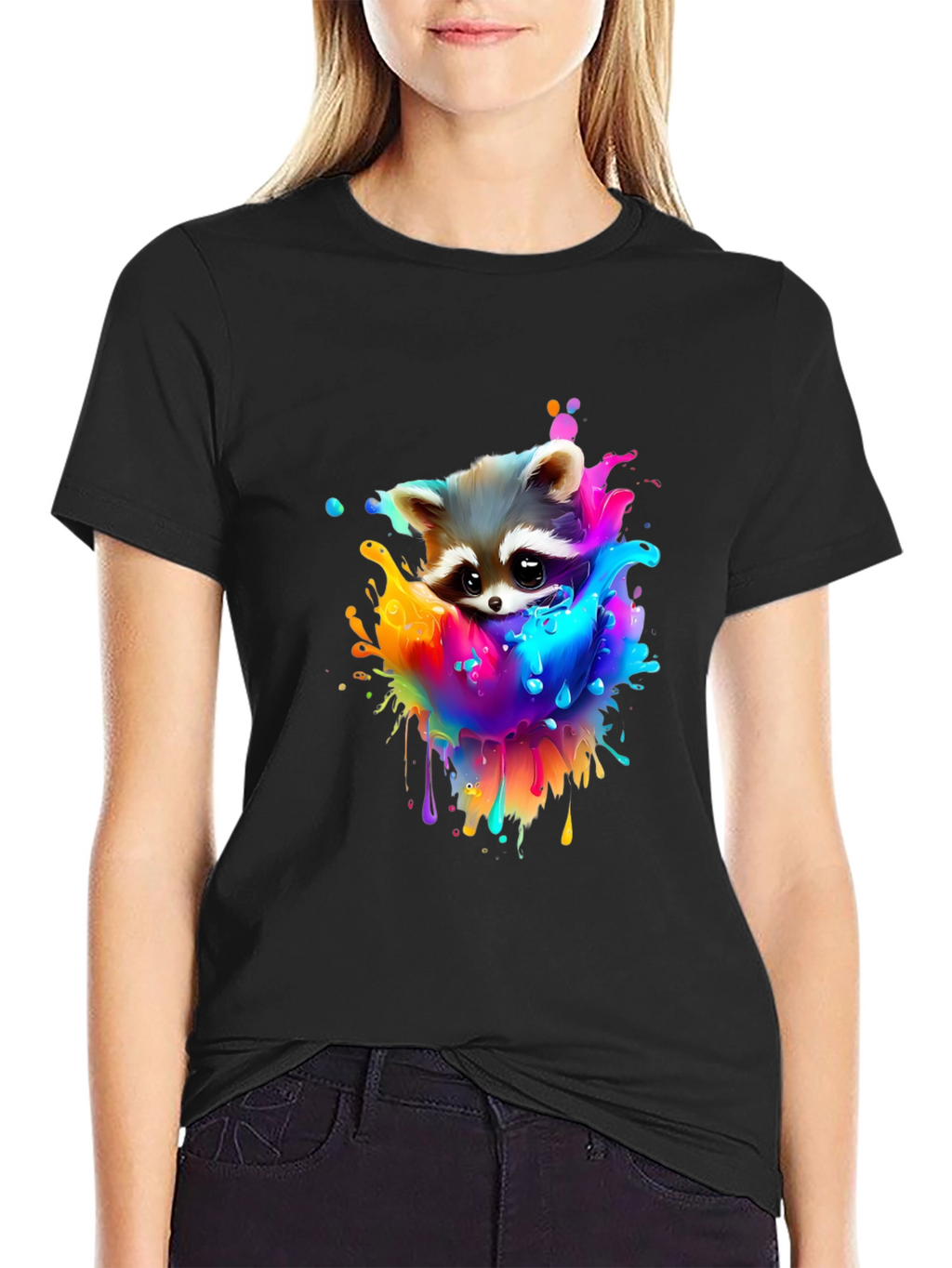 Raccoon Rainbow Splash Graphic Tee - Black Cotton T-Shirt