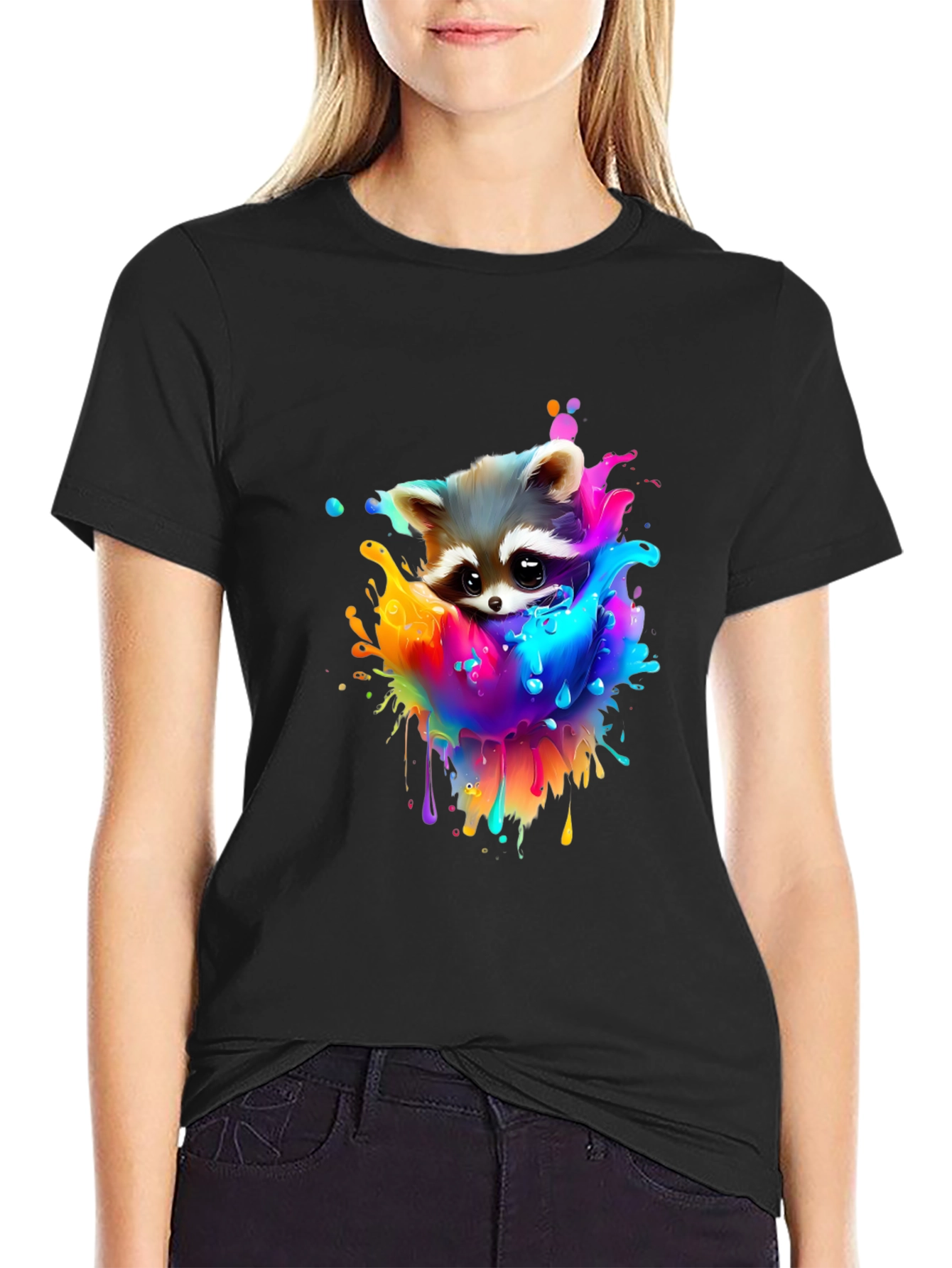 Raccoon Rainbow Splash Graphic Tee - Black Cotton T-Shirt
