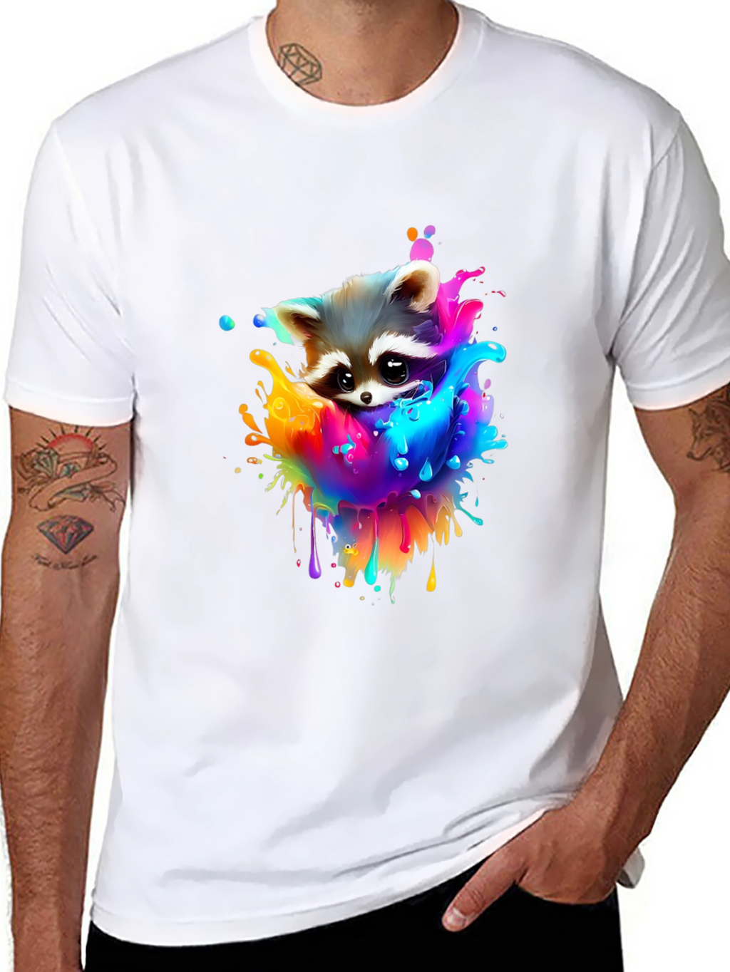 Raccoon Rainbow Splash Graphic Tee - Black Cotton T-Shirt
