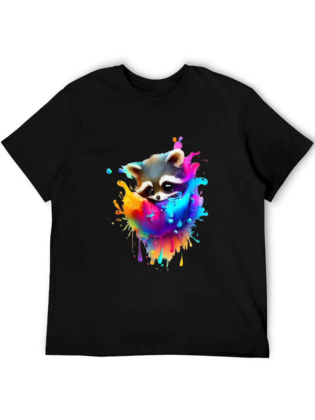 Raccoon Rainbow Splash Graphic Tee - Black Cotton T-Shirt