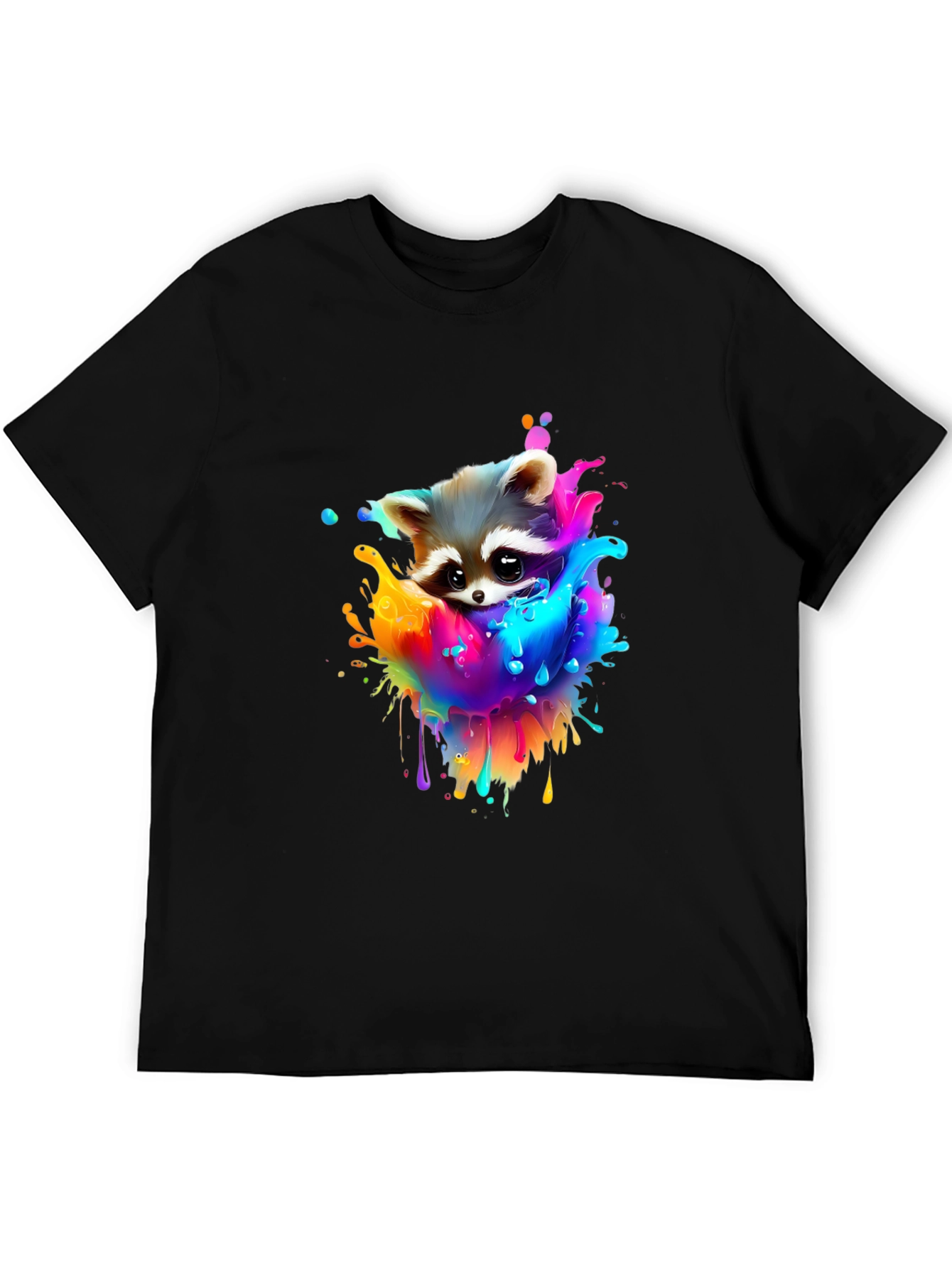 Raccoon Rainbow Splash Graphic Tee - Black Cotton T-Shirt