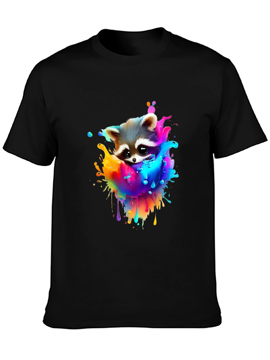 Raccoon Rainbow Splash Graphic Tee - Black Cotton T-Shirt