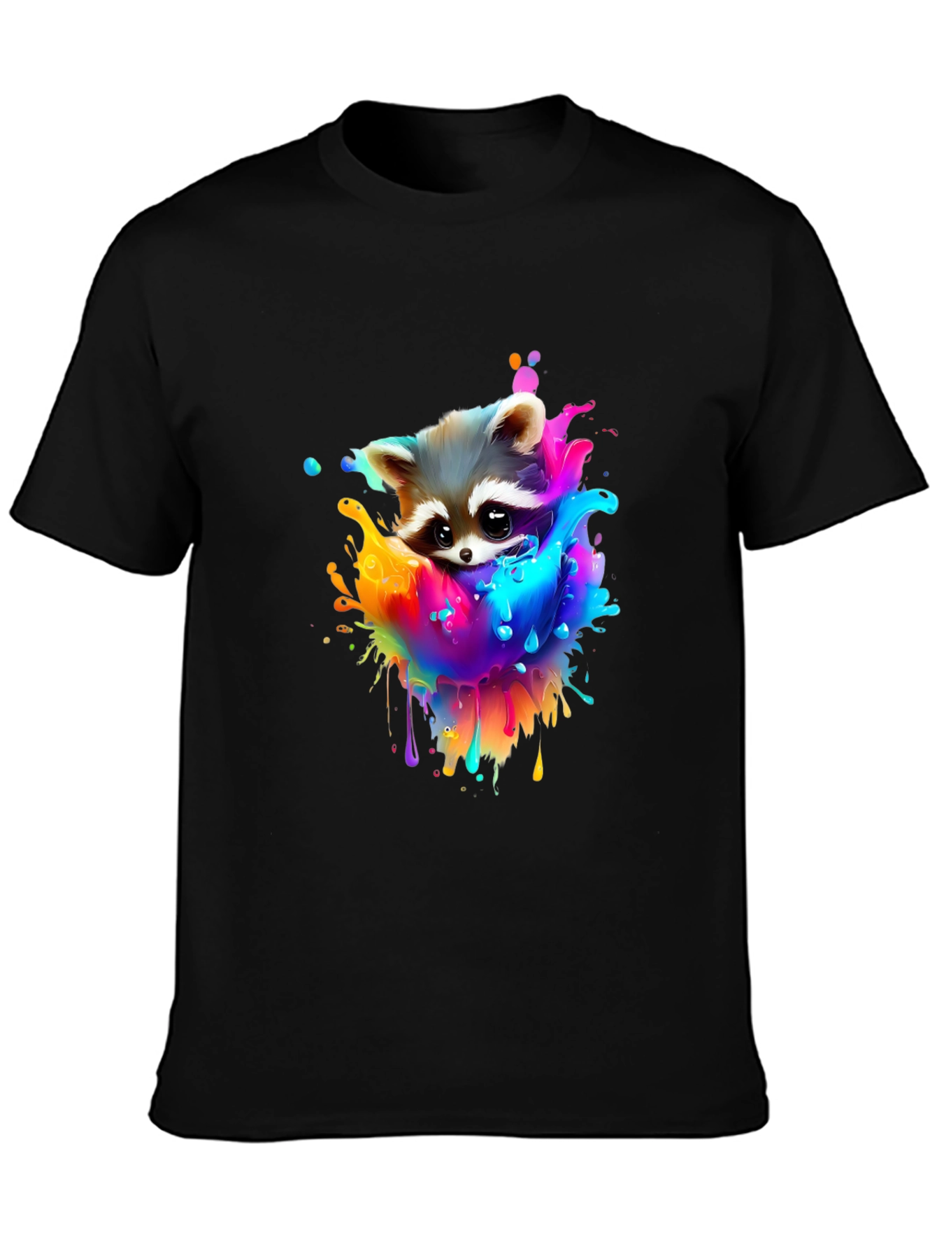 Raccoon Rainbow Splash Graphic Tee - Black Cotton T-Shirt