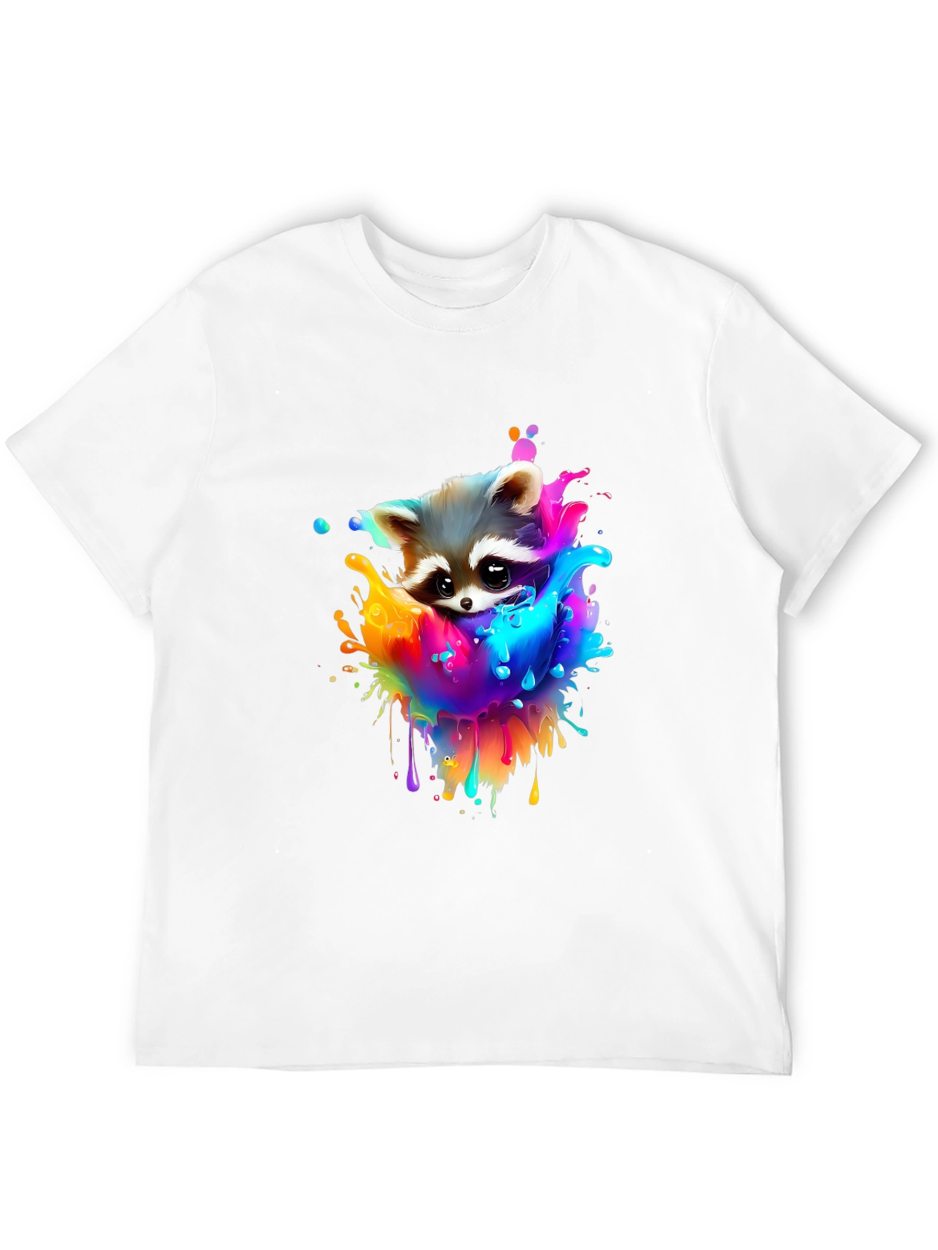 Raccoon Rainbow Splash Graphic Tee - Black Cotton T-Shirt