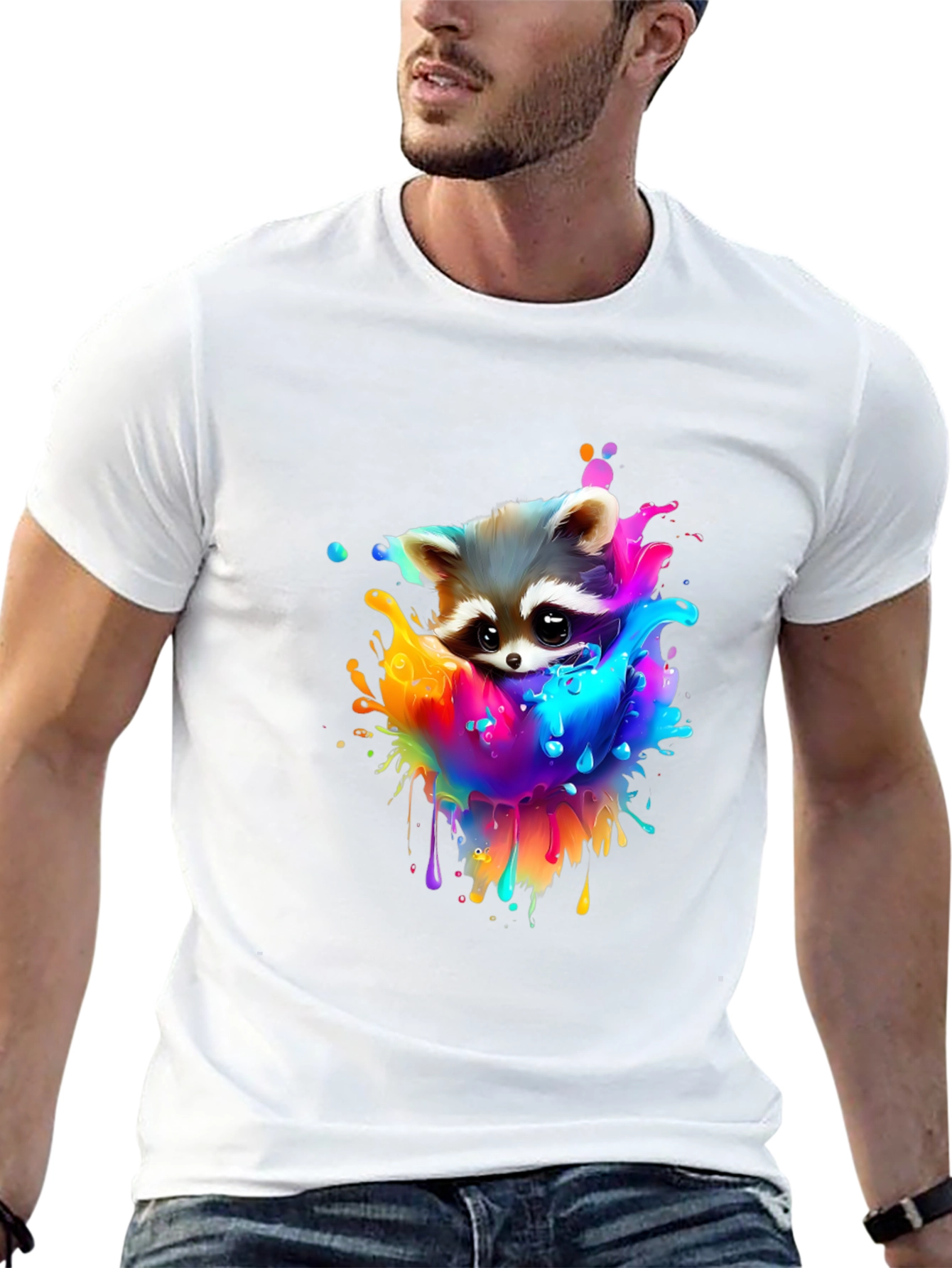 Raccoon Rainbow Splash Graphic Tee - Black Cotton T-Shirt