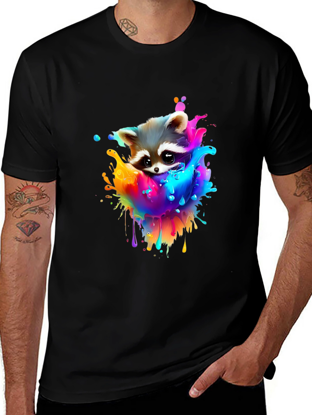 Raccoon Rainbow Splash Graphic Tee - Black Cotton T-Shirt