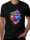 Raccoon Rainbow Splash Graphic Tee - Black Cotton T-Shirt