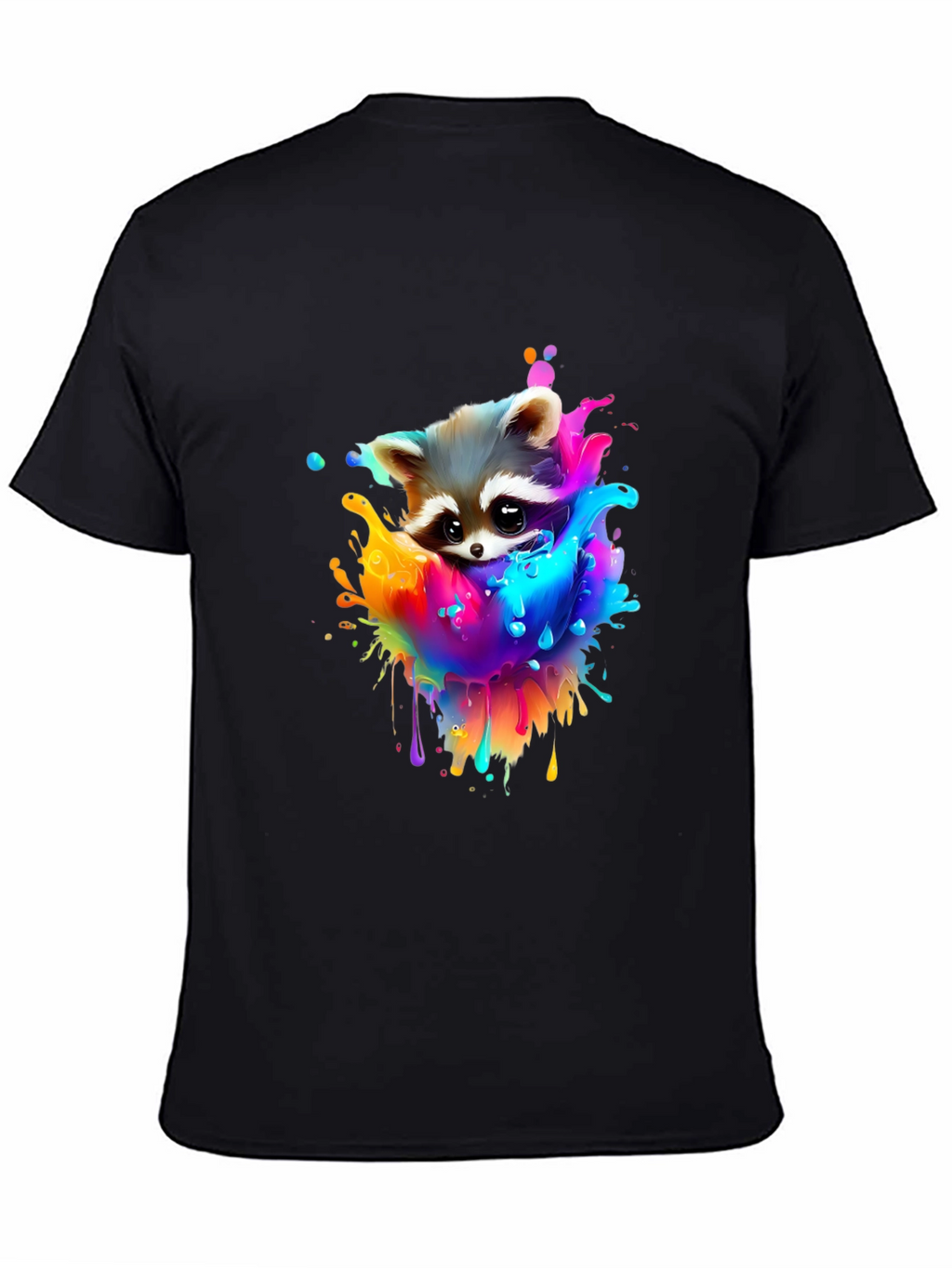 Raccoon Rainbow Splash Graphic Tee - Black Cotton T-Shirt
