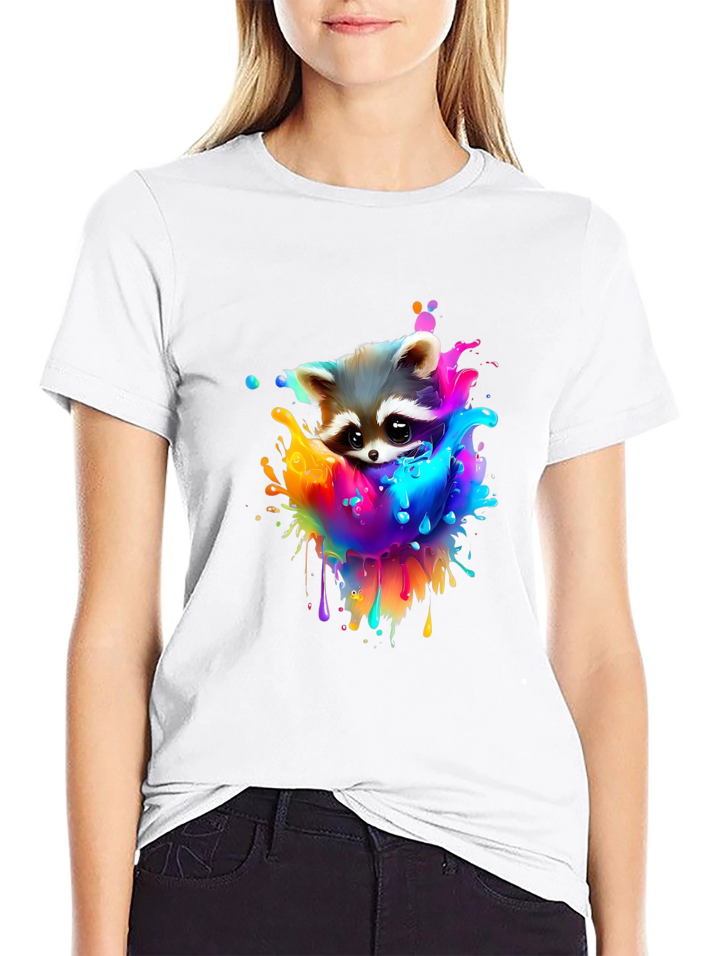 Raccoon Rainbow Splash Graphic Tee - Black Cotton T-Shirt