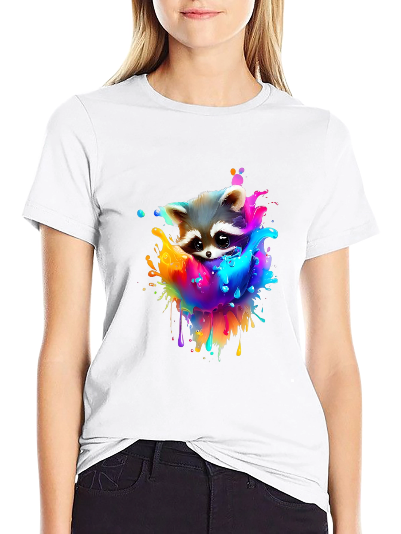 Raccoon Rainbow Splash Graphic Tee - Black Cotton T-Shirt