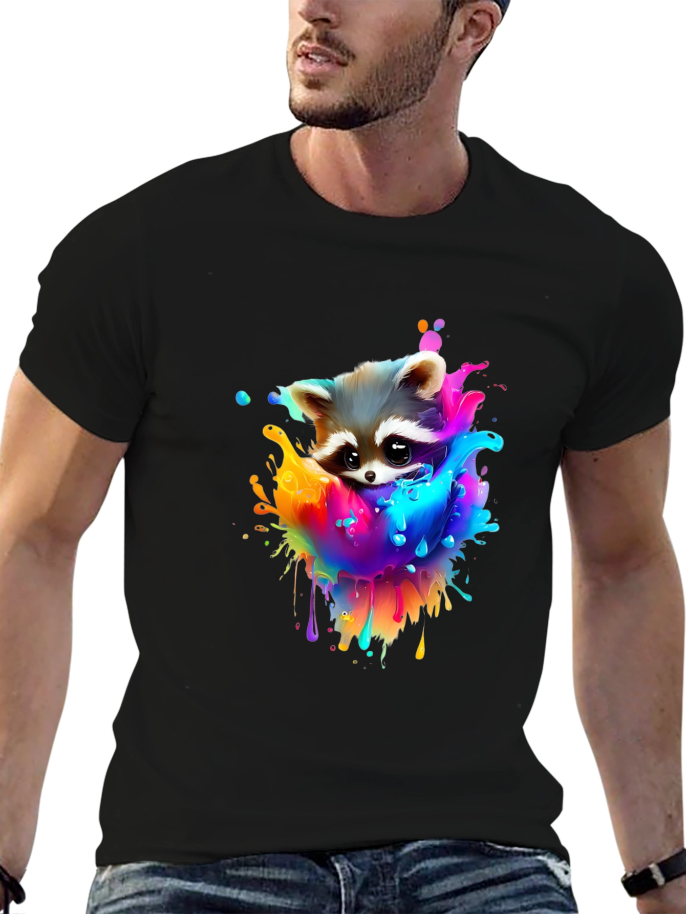 Raccoon Rainbow Splash Graphic Tee - Black Cotton T-Shirt