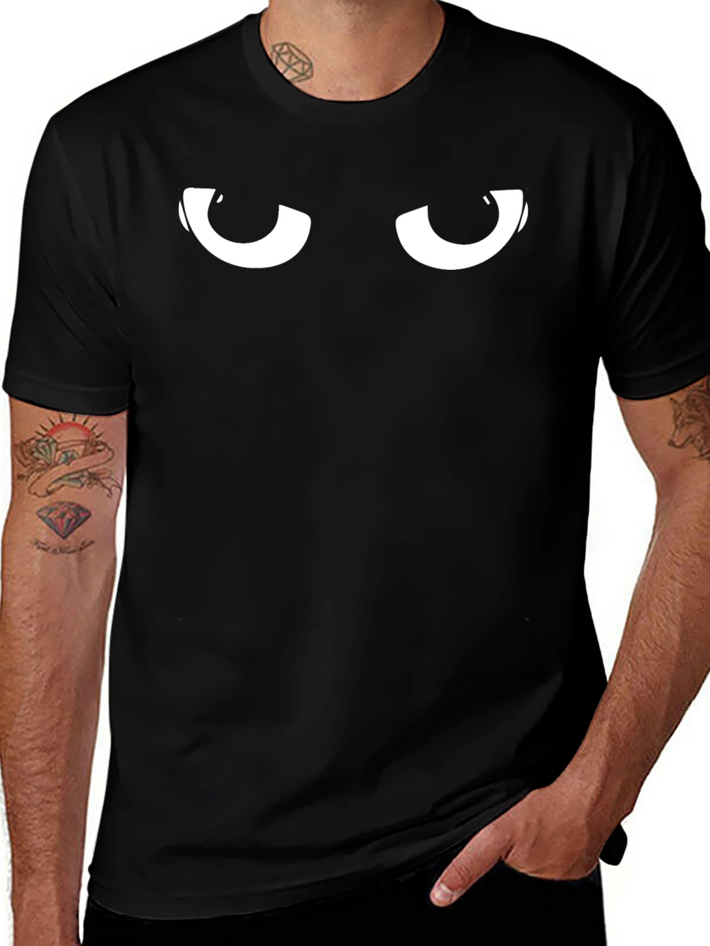Mens Black T-Shirt with Cartoon Eyes Graphic