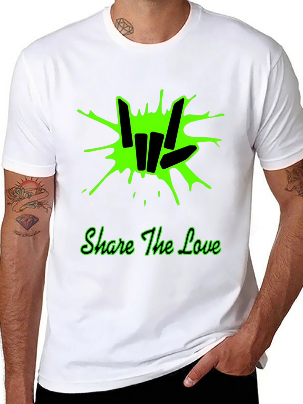 Share the Love Black T-Shirt with Green Graphic Design