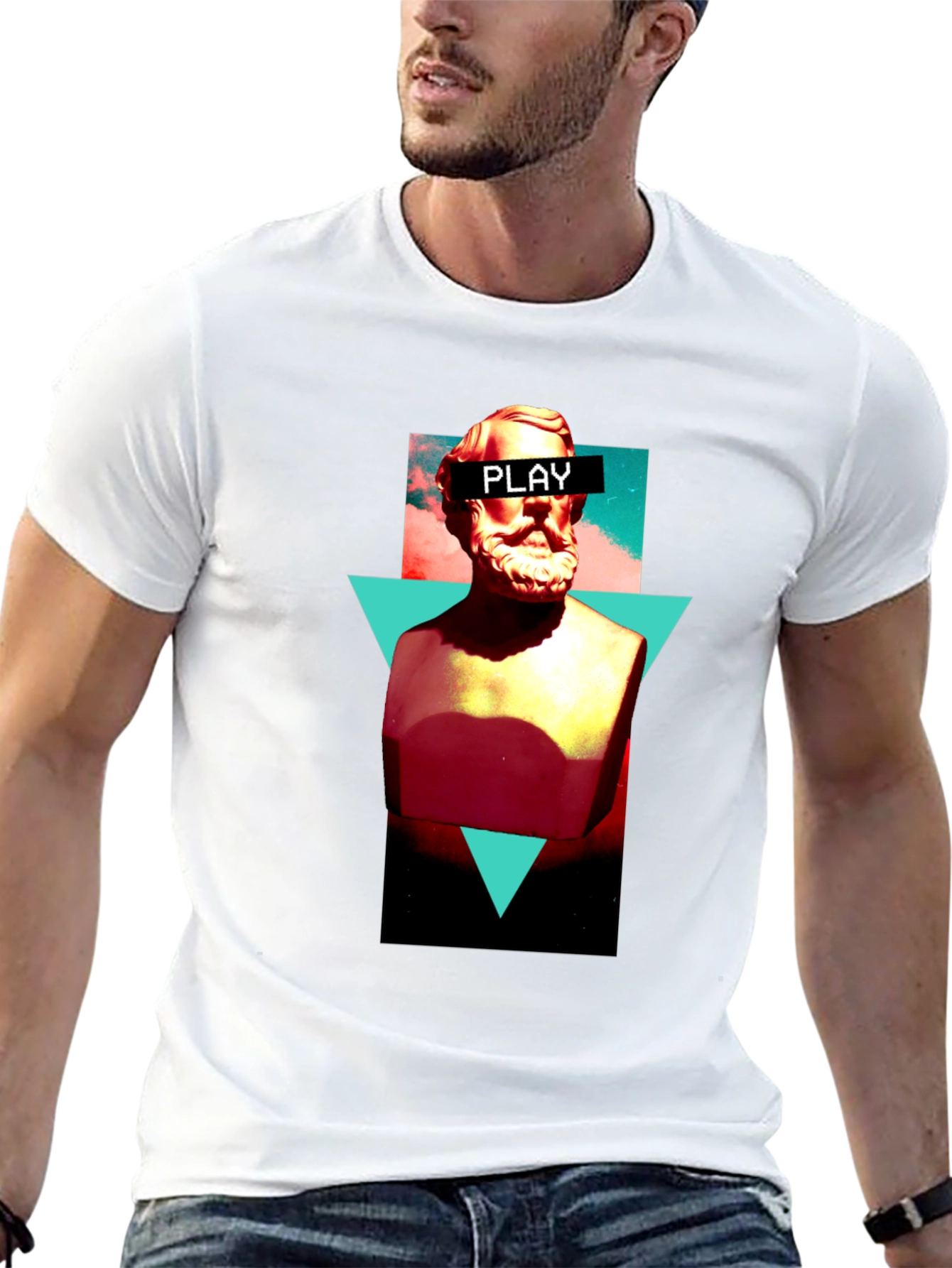 Abstract Statue Graphic Tee - Playful Mens Black T-Shirt