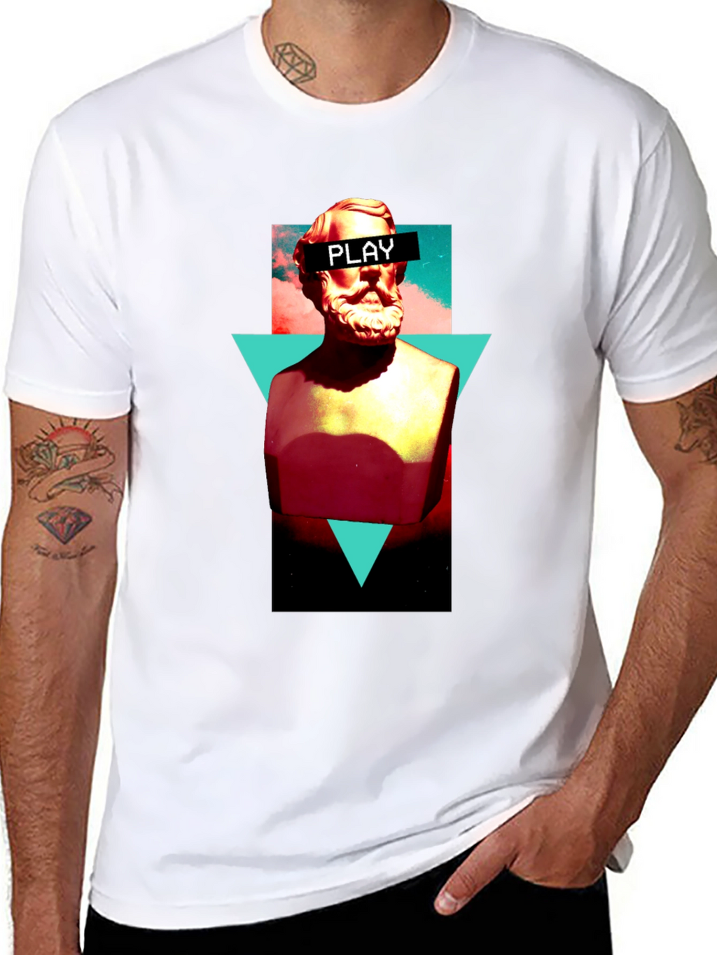 Abstract Statue Graphic Tee - Playful Mens Black T-Shirt
